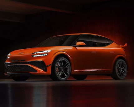 The 2027 Genesis GV60 Magma features 641 horsepower, a lowered stance, wider fenders, and distinctive orange brake calipers.