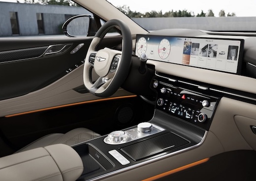 The 2026 Genesis G80 midsize luxury sedan is available in 5 trim levels with standard all-wheel drive and a 27-inch display.