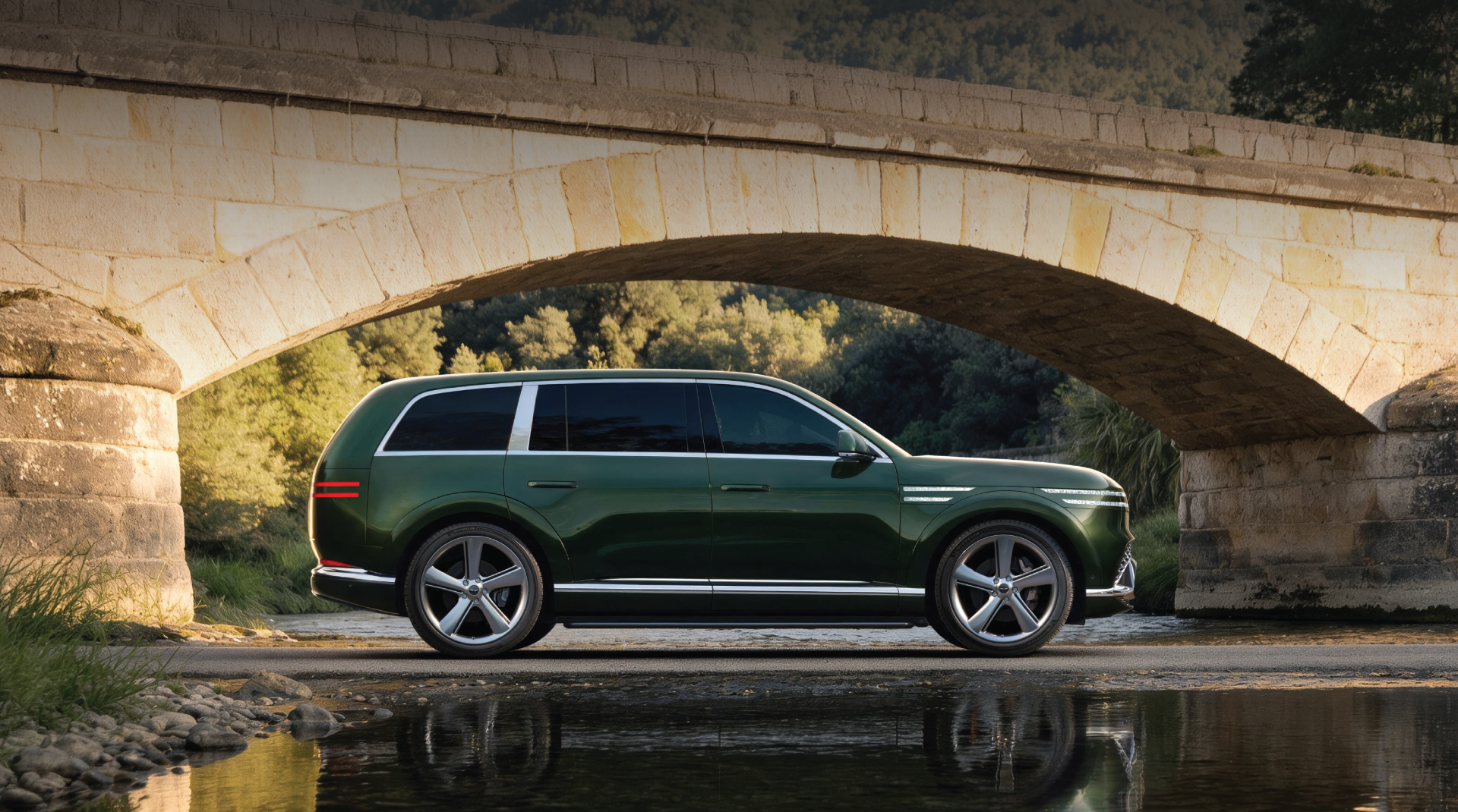 Dark green luxury SUV parked sideways under a stone bridge, reflected in water below.